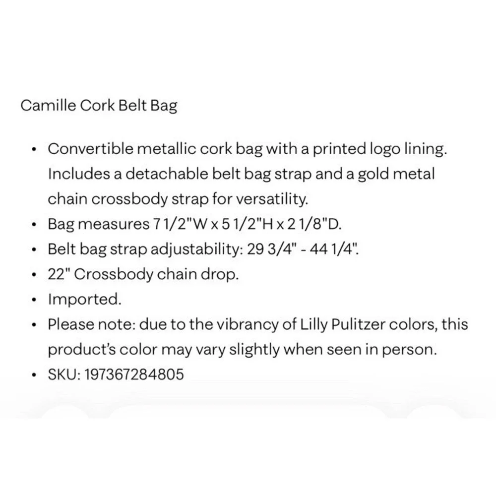 Lilly Pulitzer Camille Cork Belt Bag Purse Crossbody Natural Gold NEW